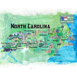 USA North Carolina State Travel Poster Map with Tourist Highlights