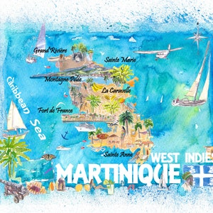 Martinique Antilles Geïllustreerde Caribische reiskaart met hoogtepunten van West Indies Island Dream