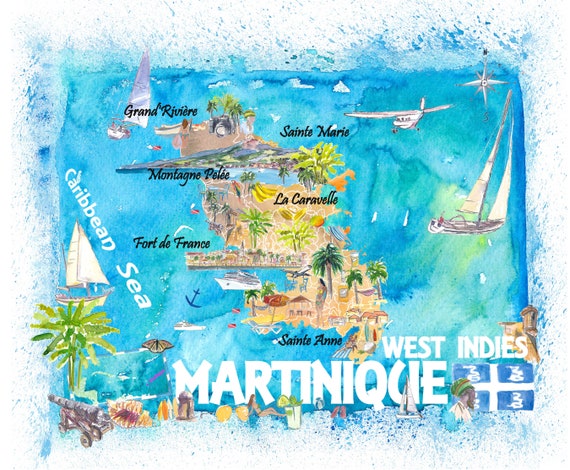 Martinique Antilles Illustrated Caribbean Travel Map With Highlights of  West Indies Island Dream -  Israel