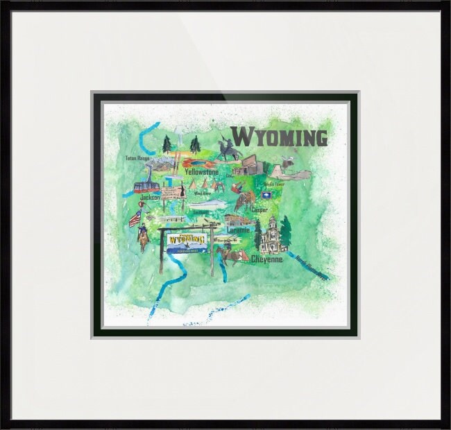 USA Wyoming State Travel Poster Illustrated Art Map - Fine Art Print - Etsy