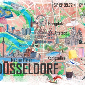 Mapa ilustrado NRW de Düsseldorf, Alemania, con carreteras y puntos turísticos destacados