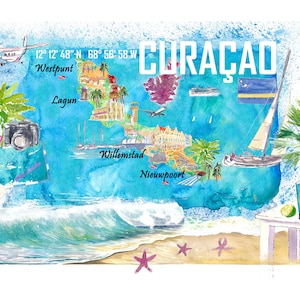 Curaçao Antilles néerlandaises Île des Caraïbes Carte de voyage illustrée avec les points forts touristiques