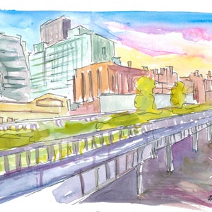 May include: A watercolor painting of a cityscape with a raised walkway, featuring a green roof and a view of buildings with a pink and orange sunset in the background.
