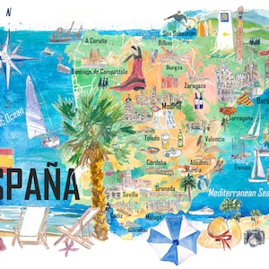 May include: A watercolor illustration of a map of Spain with various cities and landmarks highlighted. The map is surrounded by beach scenes, including palm trees, beach chairs, and an umbrella. The text "ESPAÑA" is prominently displayed in black letters.