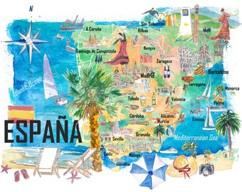 Spain Illustrated Country Travel Map with Main Roads and Highlights