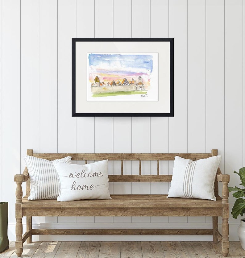 Original Painting available Limited Edition Fine Art Print Dinkelsbuehl Bavaria City Walls and Old Town during Sunset