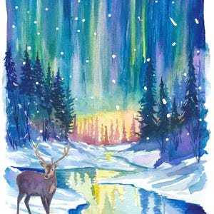 Stiller Hirsch im Schein der Polarlichter - Limitierter Kunstdruck - Originales Gemälde