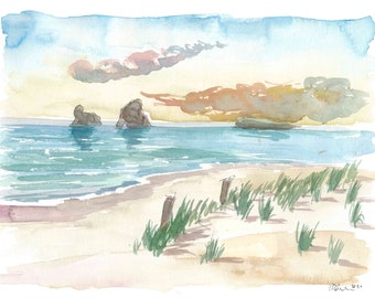 Olas de la playa de Wharariki, sueños de Nueva Zelanda - Impresión artística de edición limitada - Pintura original disponible
