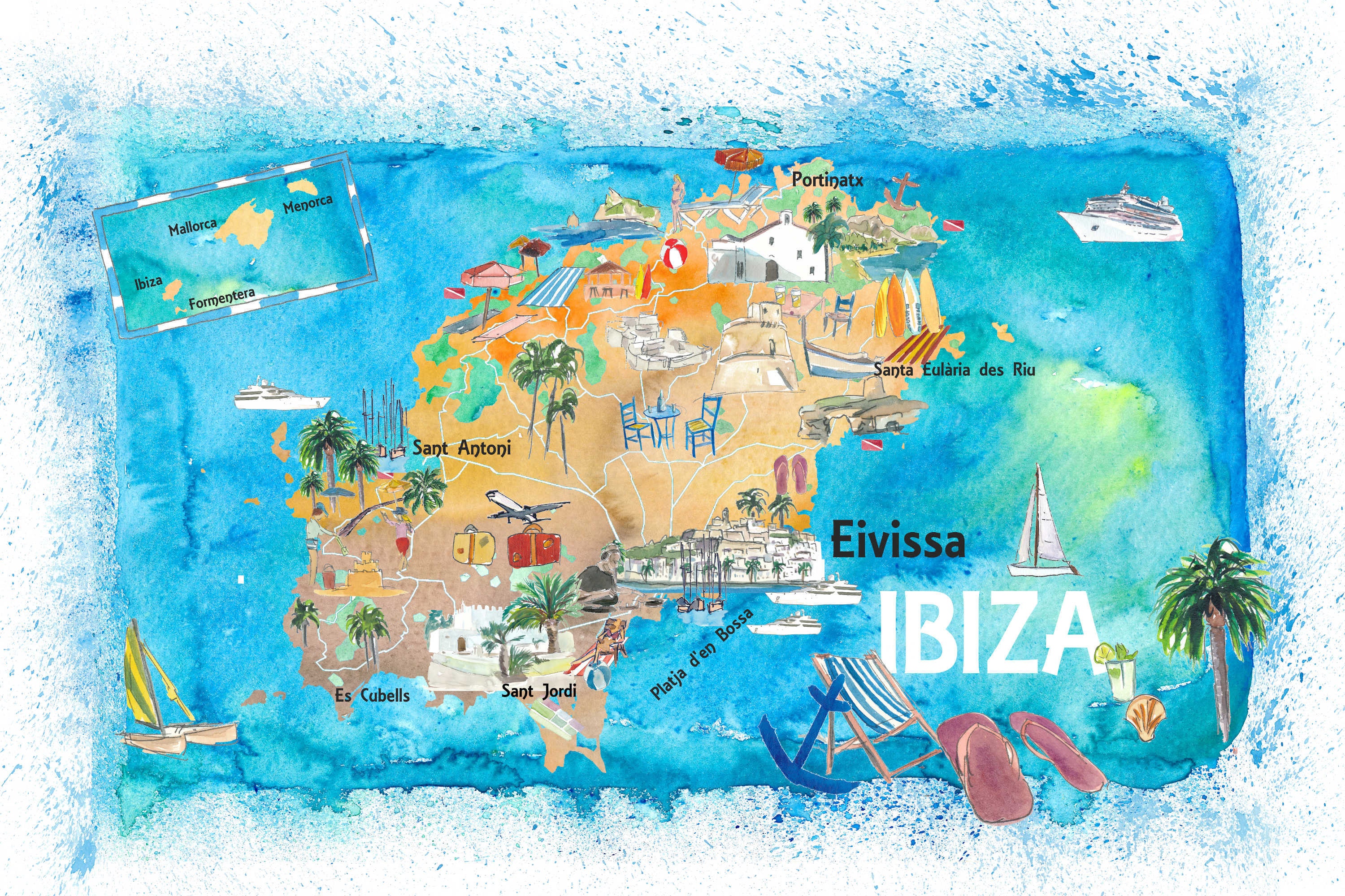 Ibiza Spain Illustrated Map with Landmarks and Highlights - Fine Art Print