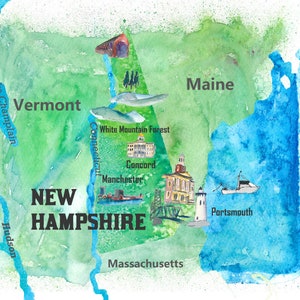 USA New Hampshire Illustrated State Travel Poster Carte avec des points forts touristiques