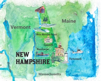 USA New Hampshire Illustrated State Travel Poster Map with Touristic Highlights