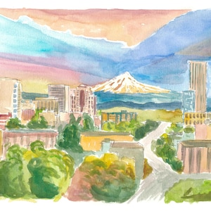 Scenic Portland Oregon with View of Mt Hood - Limited Edition Fine Art Print - Original Painting available