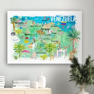 May include: A watercolor illustration of a map of Venezuela with the names of major cities labeled. The map is surrounded by tropical plants and a blue sky with clouds. The word "VENEZUELA" is written in large, bold letters at the top of the map.