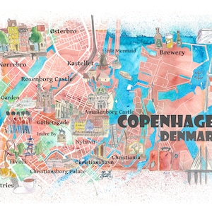 Kopenhagen Dänemark Illustrierte Karte mit Hauptstraßen Sehenswürdigkeiten und Highlights - Fine Art Print