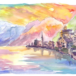 Hallstatt Austria Golden Mountain Sunset and Lake - Limited Edition Fine Art Print - Original Painting available