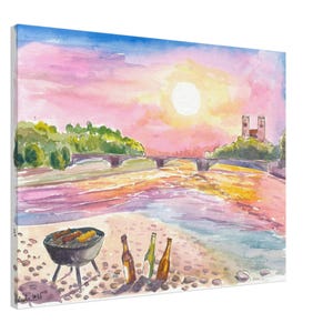 Churrasco com amigos no Rio Isar em Munique - Impressão artística de edição limitada - Pintura original disponível