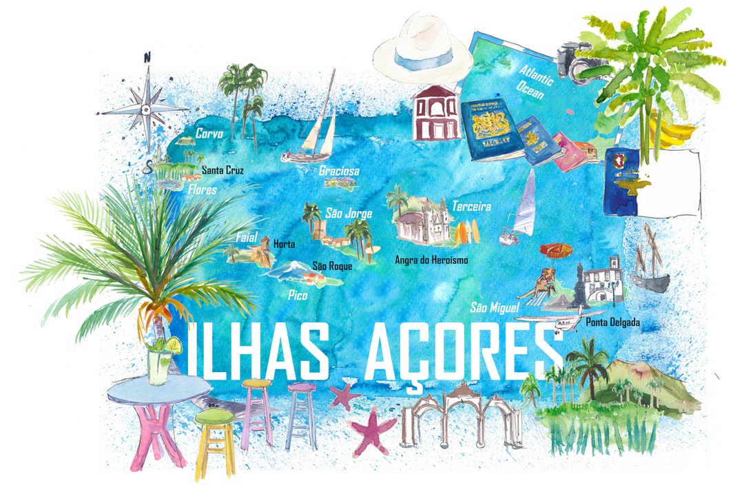 Azores Islands Portugal Illustrated Travel Map With Tourist Highlights ...