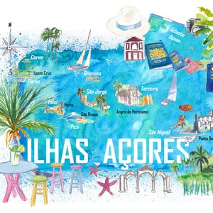 Carte de voyage illustrée des îles Açores Portugal avec des points forts touristiques - Fine Art Print