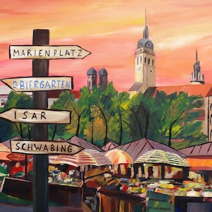 München Viktualienmarkt mit Wegweiser - belebter Markt - Original Gemälde & Druck