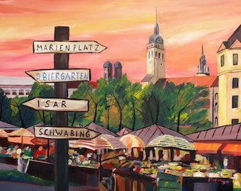 Munich Bavaria Viktualienmarkt avec panneaux - une scène de marché animée - peinture et impression originales