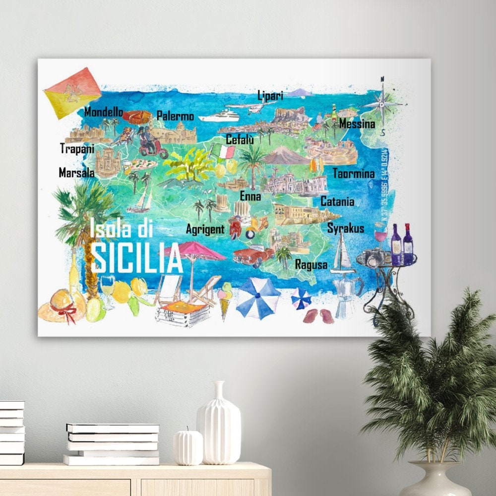 イタリア・シチリア島の道路と観光スポットを描いたイラスト付き旅行
