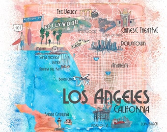 Los Angeles California Illustrated Travel Map with Main Roads, Landmarks and Highlights