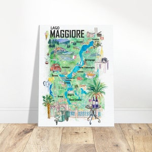 Carte de voyage illustrée du Lago Maggiore avec les routes et les points forts de l'Italie et de la Suisse - Impression d'art