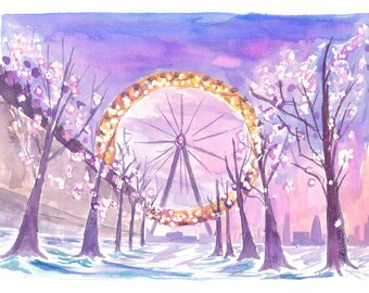 Vue d'un oeil de Londres en hiver avec de la neige South Bank - Impression d'art en édition limitée -