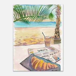 Frühstück am Strand mit Brioche Cafe und Nachrichten - Limitierte Edition Fine Art Print - Originalgemälde erhältlich