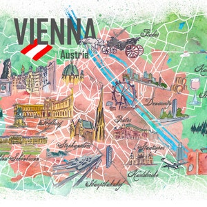 Wien Österreich Illustrierte Karte mit Straßen Sehenswürdigkeiten und Highlights - Fine Art Print