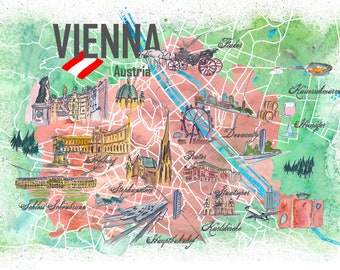 Vienna Austria Illustrated Map with Roads Landmarks and Highlights - Fine Art Print