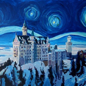 Starry Night in Neuschwanstein - Romantic Castle inspired with Van Gogh - Limited Edition Fine Art Print/Original Canvas Painting