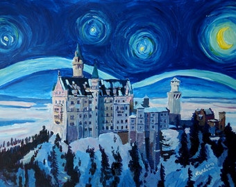 Starry Night in Neuschwanstein - Romantic Castle inspired with Van Gogh - Limited Edition Fine Art Print/Original Canvas Painting