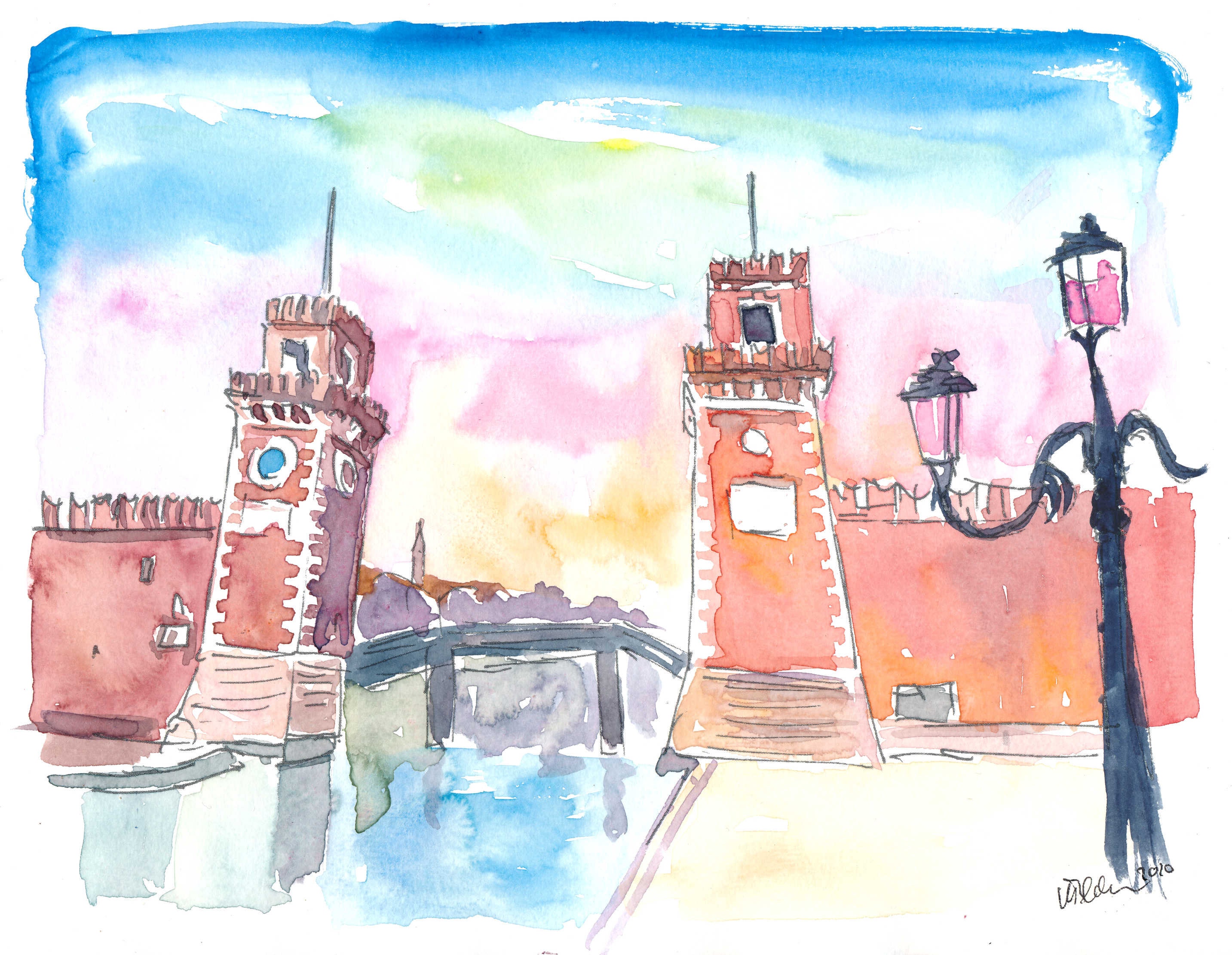 Venice Arsenal Gate at warm Sunset - Limited Edition Fine Art Print - Original Painting available