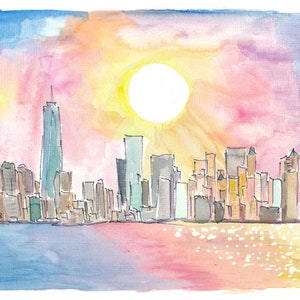 Manhattan NYC with Sunrays over Skyline and Water - Limited Edition Fine Art Print - Original Painting available