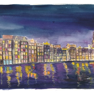 Amsterdam Damrak at Night with Illuminated Houses - Limited Edition Fine Art Print - Original Painting available