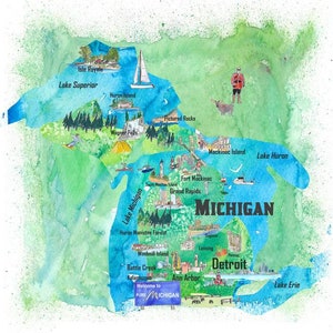 Carte d'affiche de voyage illustrée de l'État du Michigan aux États-Unis avec des points forts touristiques