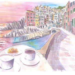 Riomaggiore Cinque Terre Entspannter Morgen mit Brioche und Kaffee - Limitierter Fine Art Druck - Originales Gemälde erhältlich