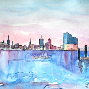 Hamburg Skyline with Elbe Philharmonic Hall at Dusk Painting & Fine Art Print image 1