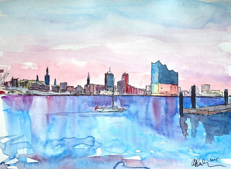 Hamburg Skyline with Elbe Philharmonic Hall at Dusk Painting & Fine Art Print image 1