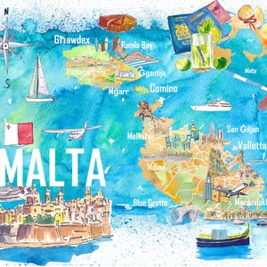 Mapa de viaje ilustrado de la isla de Malta con carreteras y puntos destacados