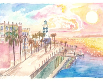 May include: A watercolor painting depicting a coastal promenade at sunset. The scene features palm trees, a lighthouse with blue and white geometric patterns, and a bright yellow sun reflecting over the blue and orange water of the sea.