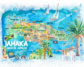 Carte de voyage illustrée de la Jamaïque avec routes et faits saillants