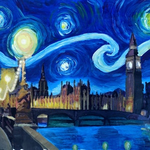 Noche estrellada Londres Big Ben y Parlamento con Támesis - Pintura e impresión de bellas artes