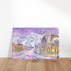 Aspen Colorado Nightly Winter Street Scene with Snowing Mood - Impresión de bellas artes de edición limitada - Pintura original disponible