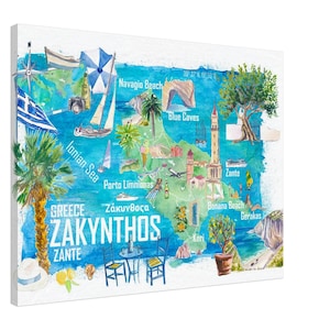 Zakynthos Zante Illustrated Greece Island Travel Map in Ionian Sea with Roads and Tourist Highlights - Fine Art Print