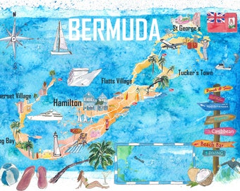 Bermuda Island Travel Poster Favorite Tourist Map Highlights - Fine Art Print Retro Vintage Map with Touristic Highlights
