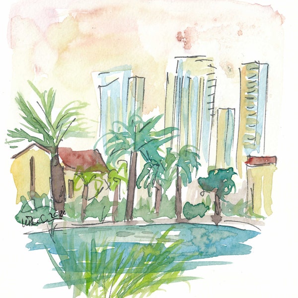 View Of Pond In Sarona Tel Aviv - Limited Edition Fine Art Print - Original Painting available