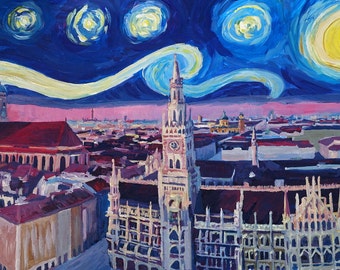 Starry Night In Munich - Van Gogh Inspirations with Church of Our Lady Painting & Fine Art Print