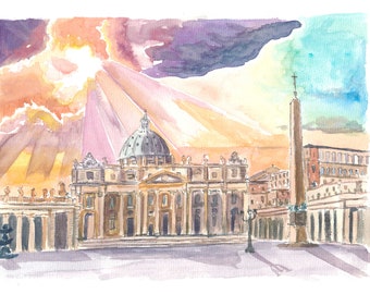 Saint-Pierre de Rome illuminé par les rayons du soleil d'un ciel magnifique - Impression d'art en édition limitée - Peinture originale disponible